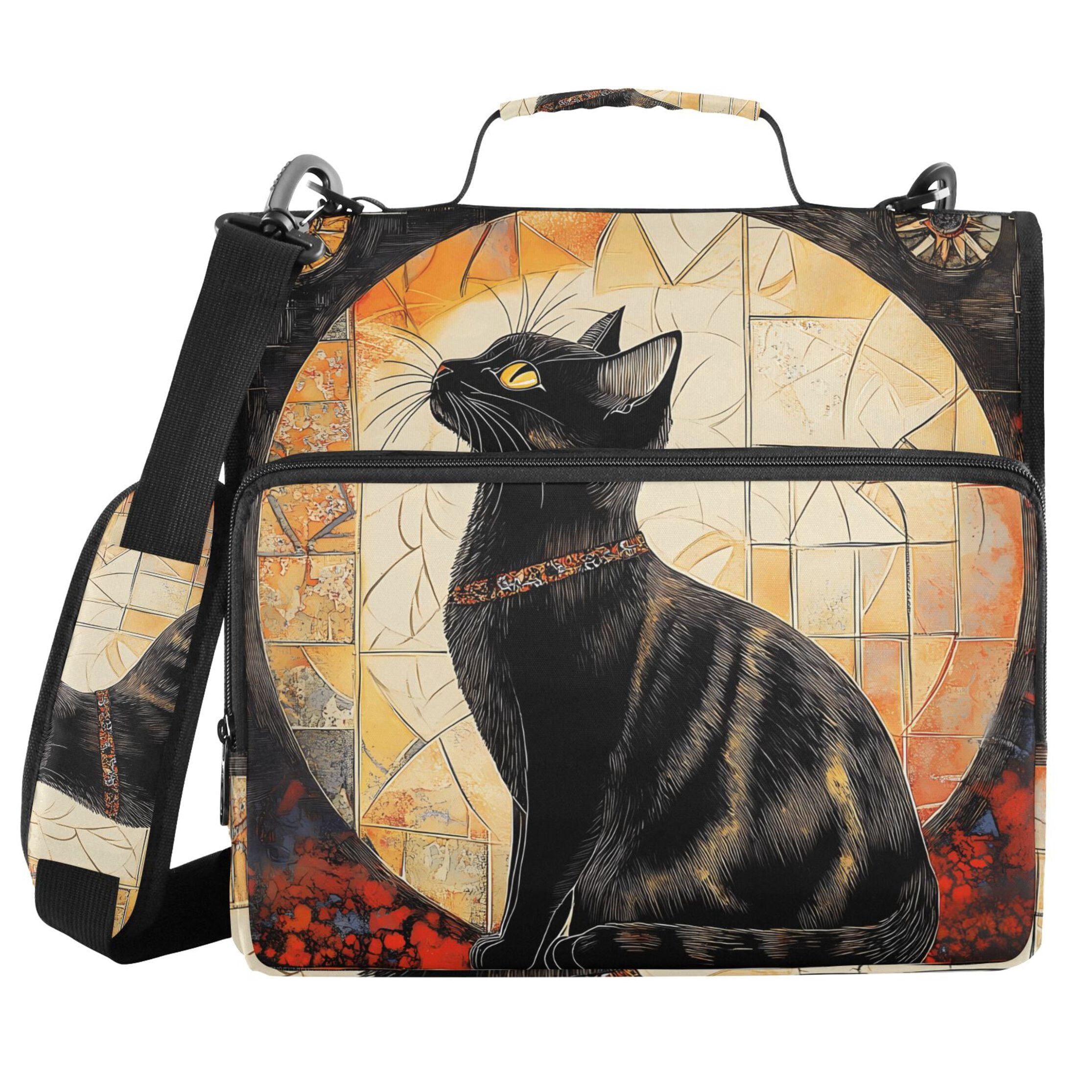 3 Ring Zipper Binder with Shoulder Strap Waterproof Trapper Keeper 2 Inch D-Ring 500 Sheets Capacity Elegant Black Cat