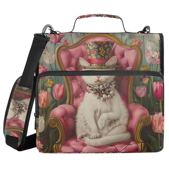 3 Ring Zipper Binder with Shoulder Strap Waterproof Trapper Keeper 1.5 Inch D-Ring 500 Sheets Capacity Elegant Cat and Tulip Flower