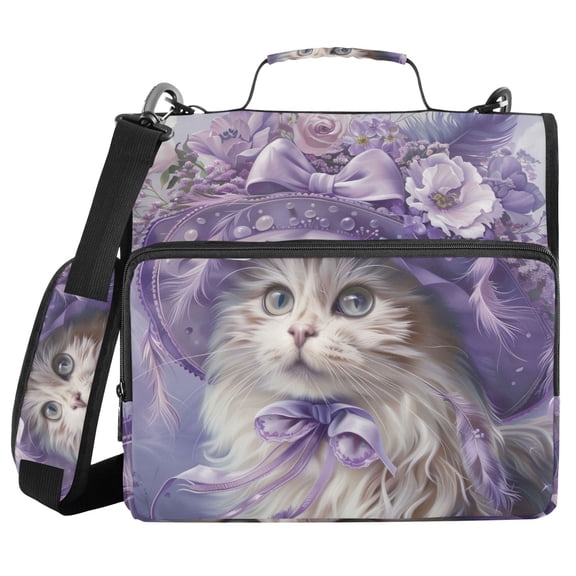 3 Ring Zipper Binder with Shoulder Strap Waterproof Trapper Keeper 2 Inch D-Ring 500 Sheets Capacity Elegant Cat with Lilac Flowers Hat