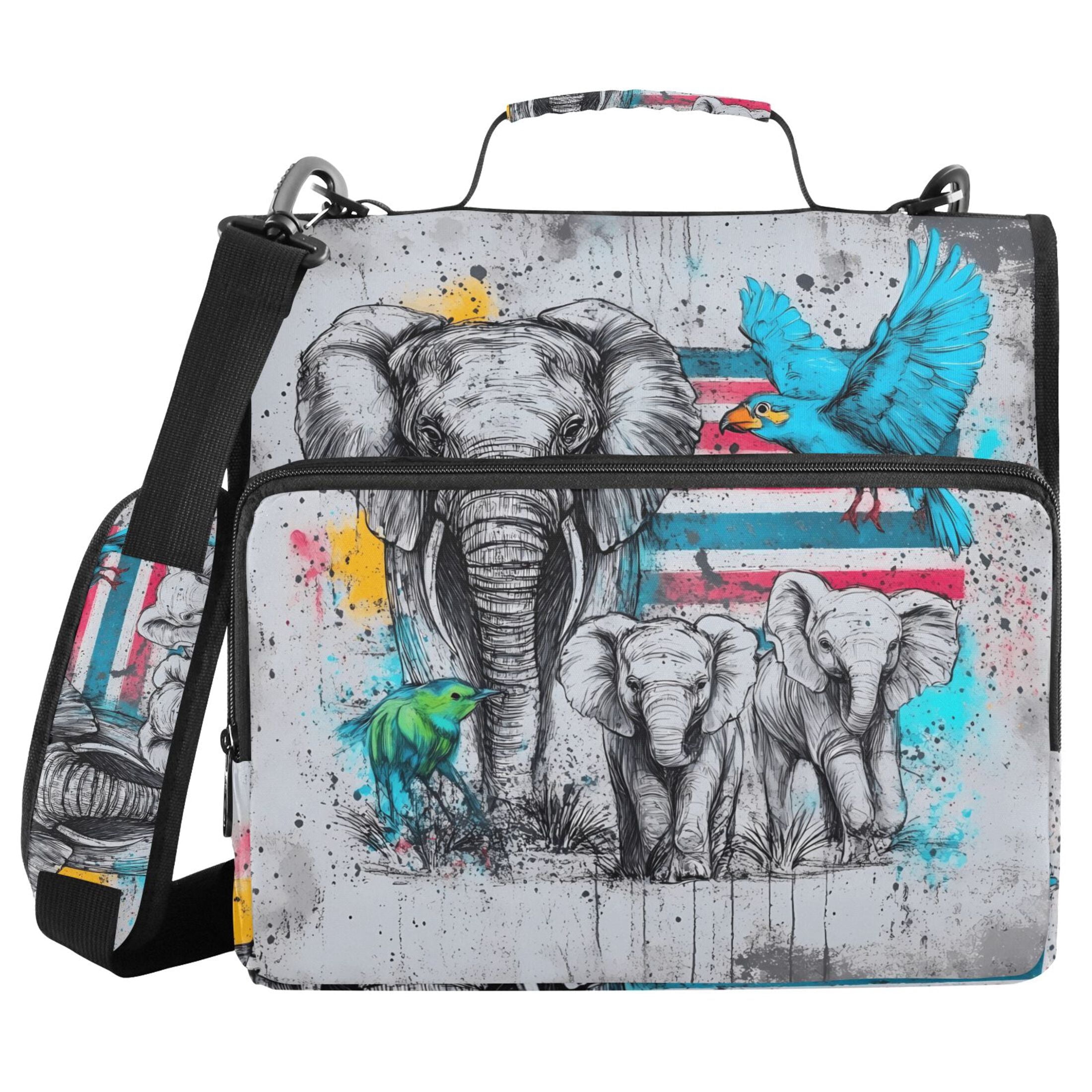 3 Ring Zipper Binder with Shoulder Strap Waterproof Trapper Keeper 2 Inch D-Ring 500 Sheets Capacity Elephants Birds