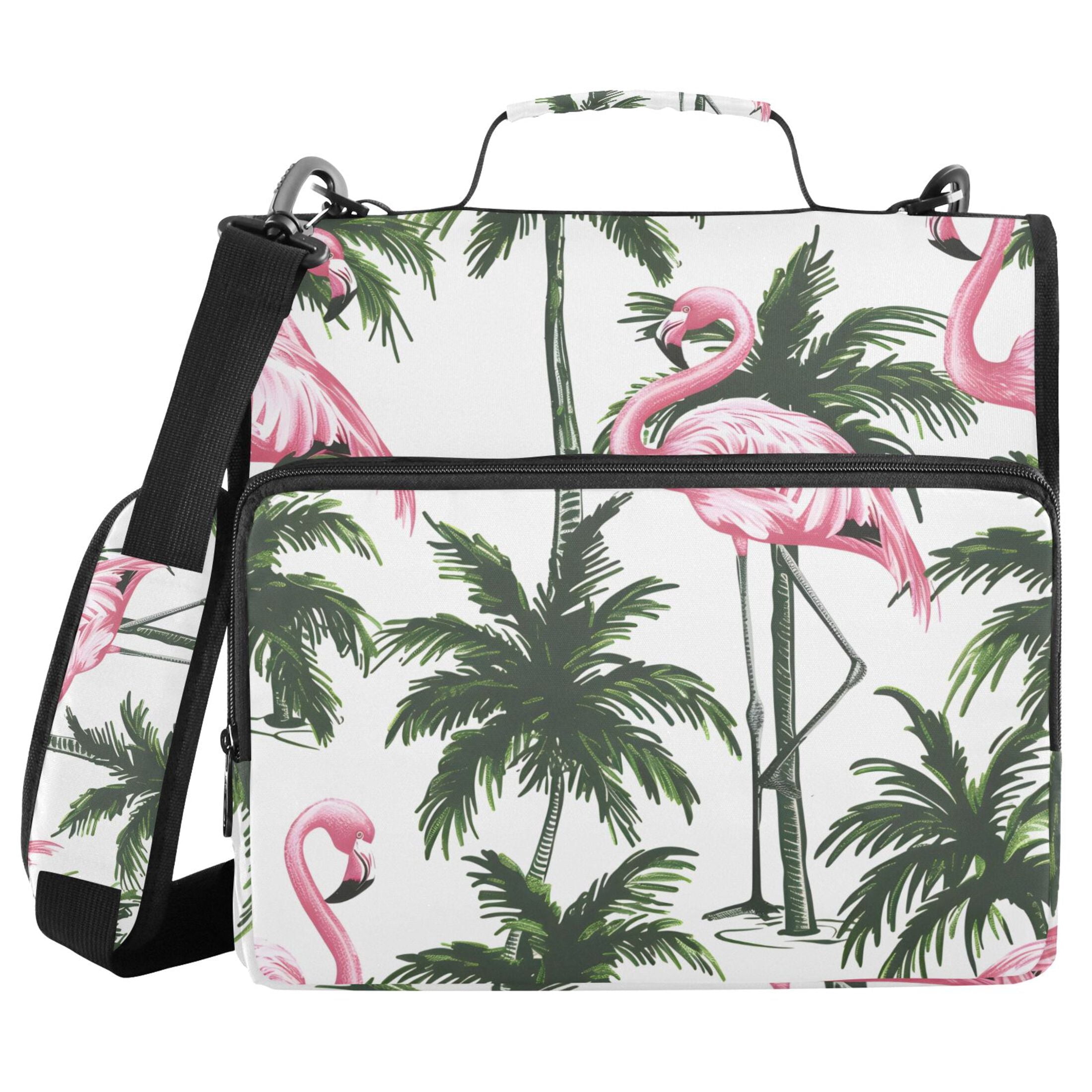 3 Ring Zipper Binder with Shoulder Strap Waterproof Trapper Keeper 2 Inch D-Ring 500 Sheets Capacity Flamingos and Palm Trees