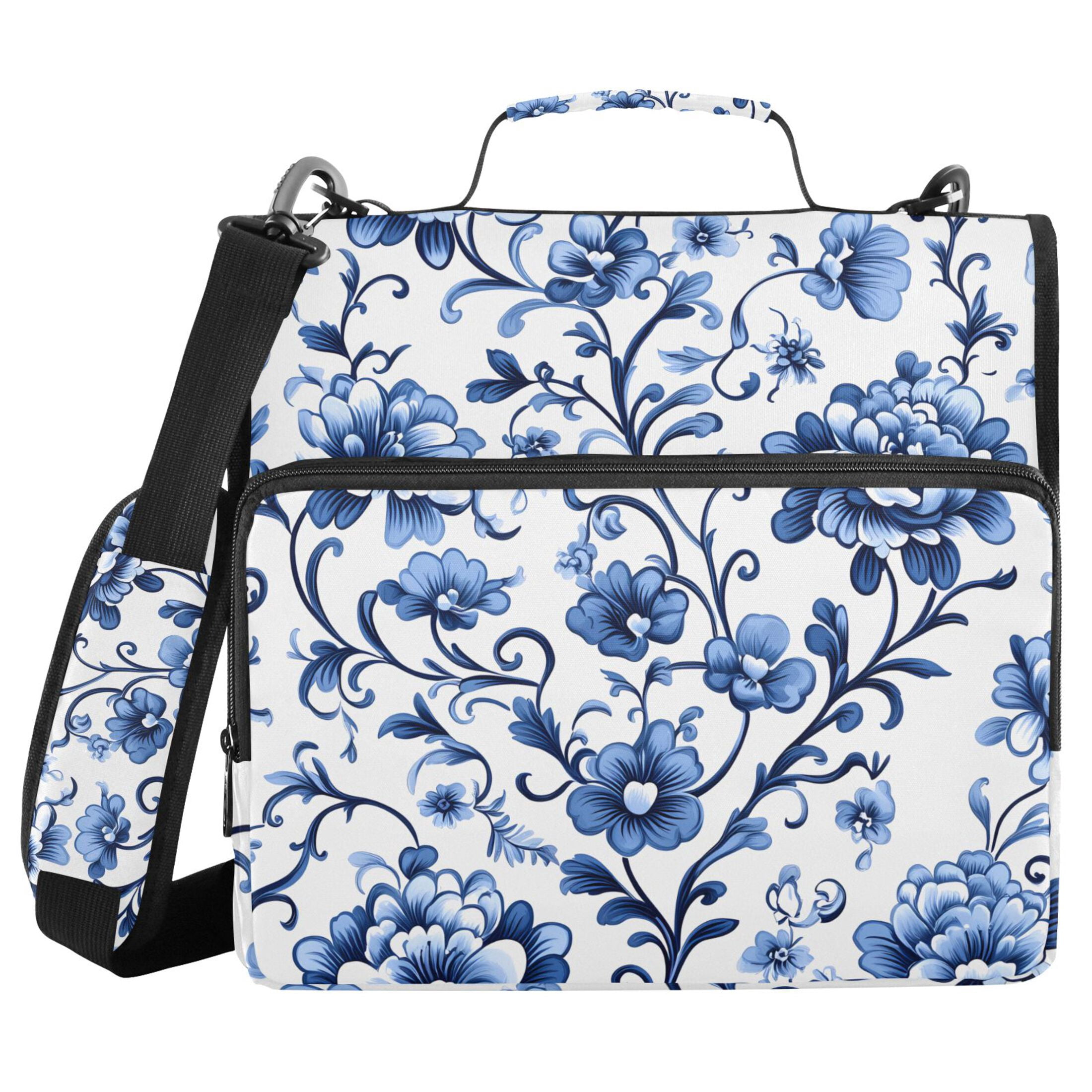 3 Ring Zipper Binder with Shoulder Strap Waterproof Trapper Keeper 1.5 Inch D-Ring 500 Sheets Capacity Floral with Blue Flowers