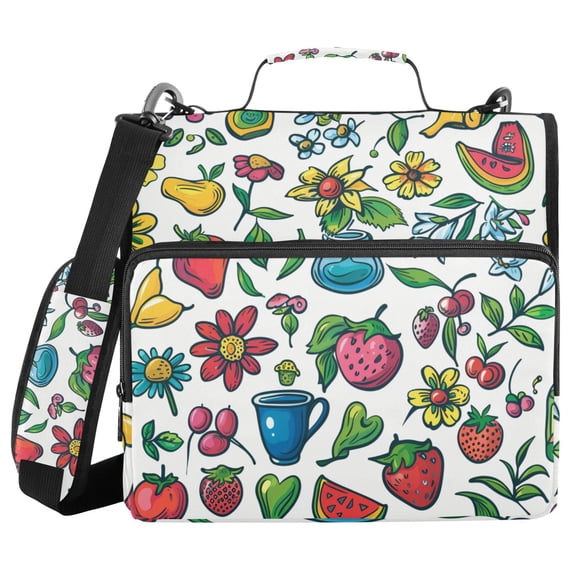 3 Ring Zipper Binder with Shoulder Strap Waterproof Trapper Keeper 2 Inch D-Ring 500 Sheets Capacity Flower and Fruits
