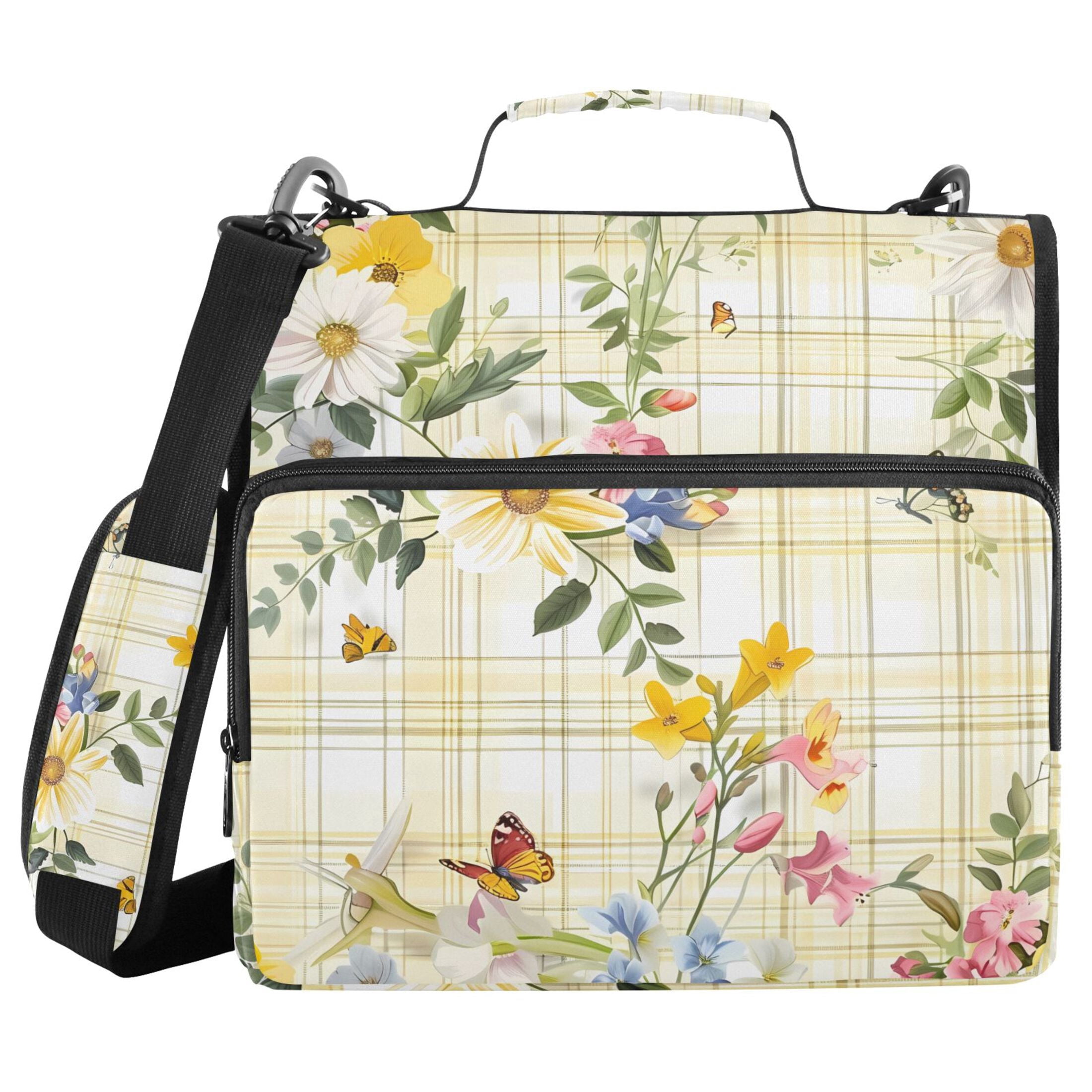 3 Ring Zipper Binder with Shoulder Strap Waterproof Trapper Keeper 2 Inch D-Ring 500 Sheets Capacity Flowers and Butterflies on Plaid