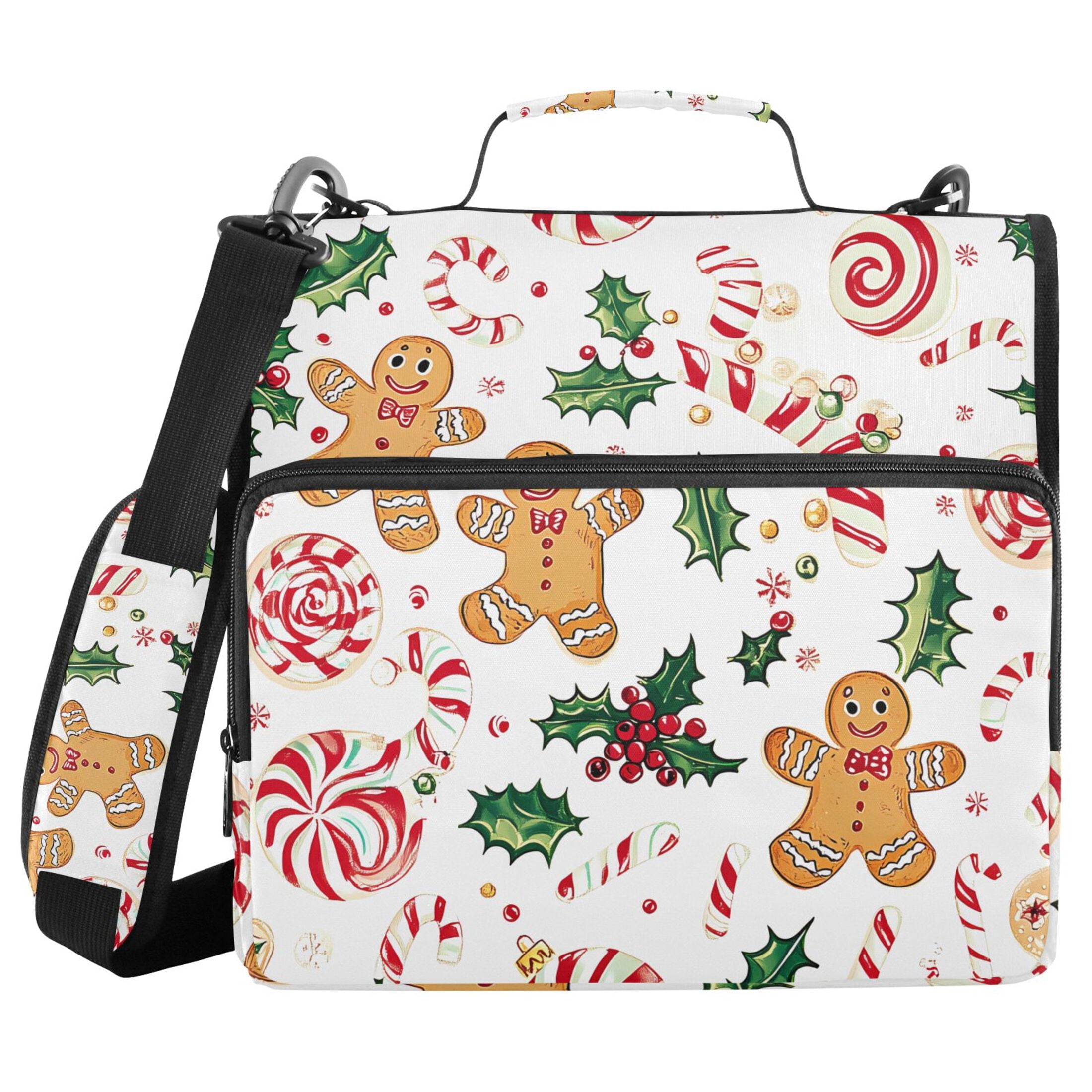 3 Ring Zipper Binder with Shoulder Strap Waterproof Trapper Keeper 2 Inch D-Ring 500 Sheets Capacity Gingerbread Men Holly Leaves