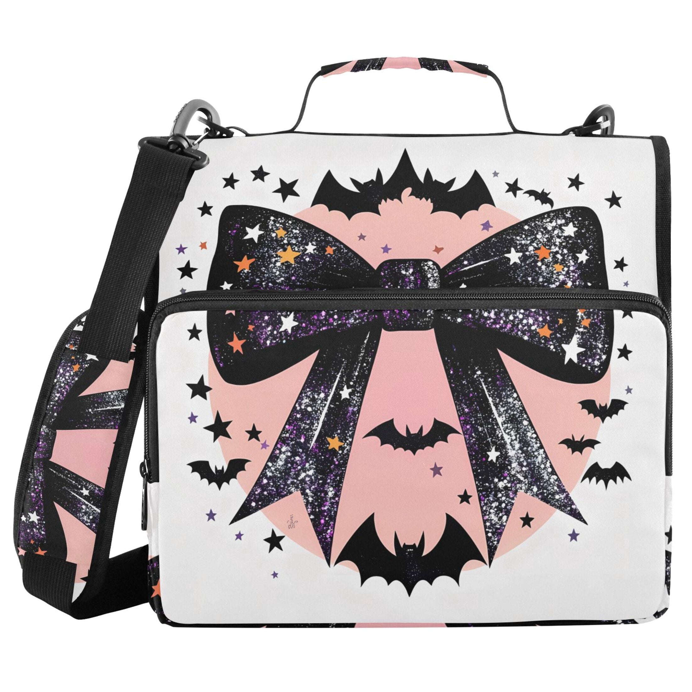 3 Ring Zipper Binder with Shoulder Strap Waterproof Trapper Keeper 2 Inch D-Ring 500 Sheets Capacity Glittery Bow with Bats Silhouette