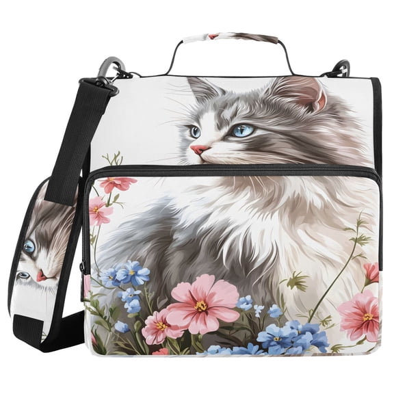 3 Ring Zipper Binder with Shoulder Strap Waterproof Trapper Keeper 2 Inch D-Ring 500 Sheets Capacity Gray White Cat with Flower