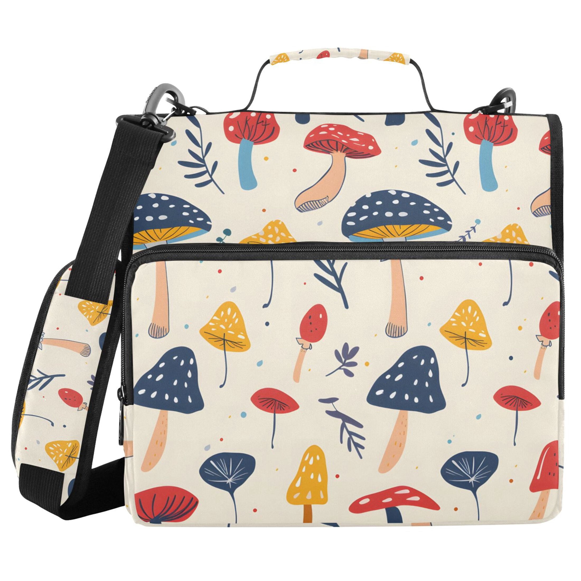3 Ring Zipper Binder with Shoulder Strap Waterproof Trapper Keeper 2 Inch D-Ring 500 Sheets Capacity Hand Drawn Mushrooms