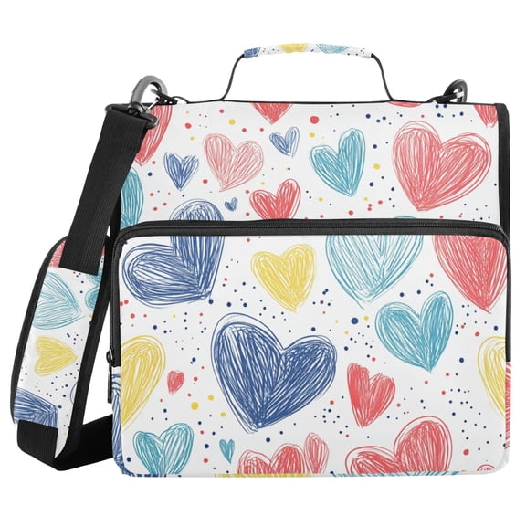 3 Ring Zipper Binder with Shoulder Strap Waterproof Trapper Keeper 2 Inch D-Ring 500 Sheets Capacity Hand Drawn Red Blue Yellow Hearts
