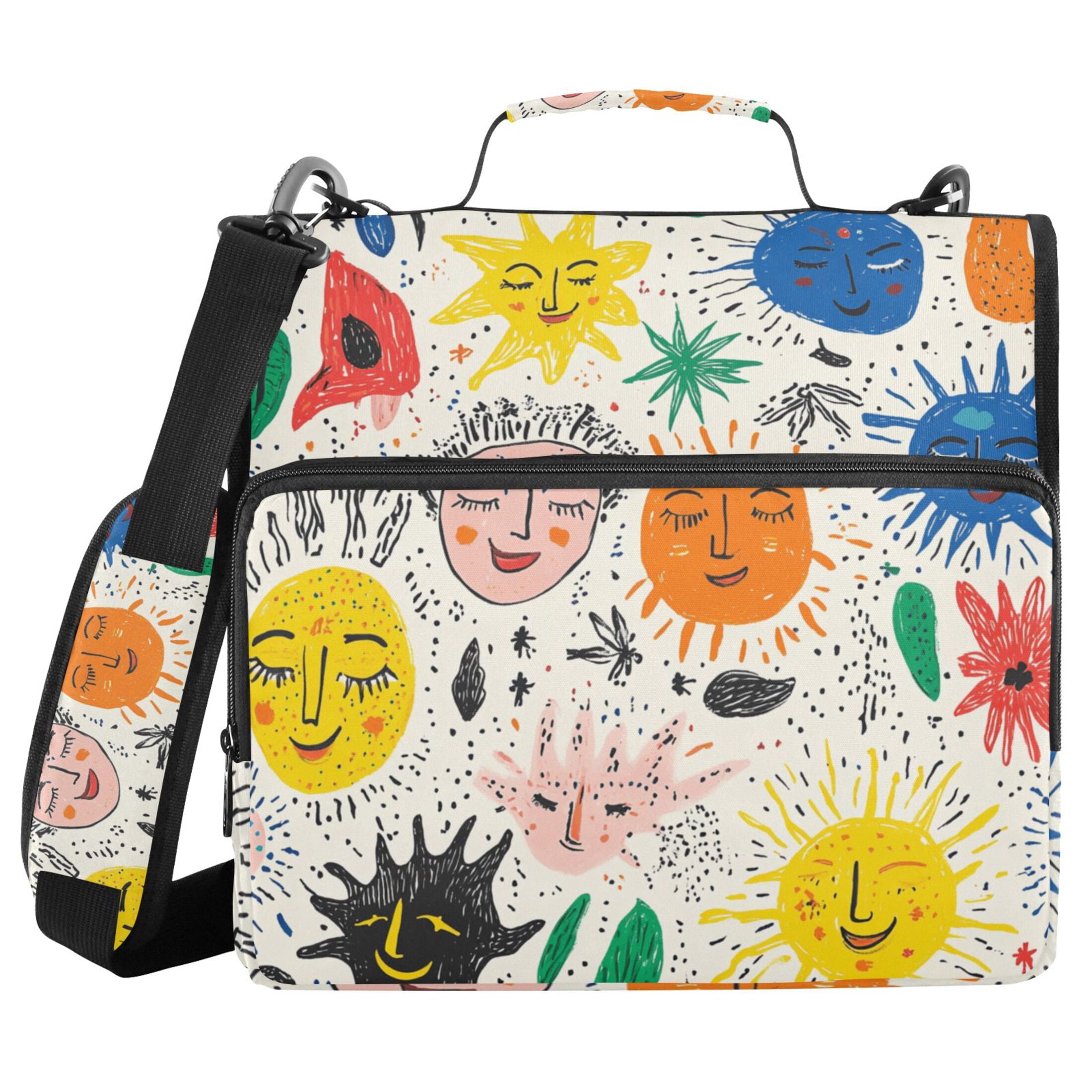 3 Ring Zipper Binder with Shoulder Strap Waterproof Trapper Keeper 2 Inch D-Ring 500 Sheets Capacity Hand Drawn Sun