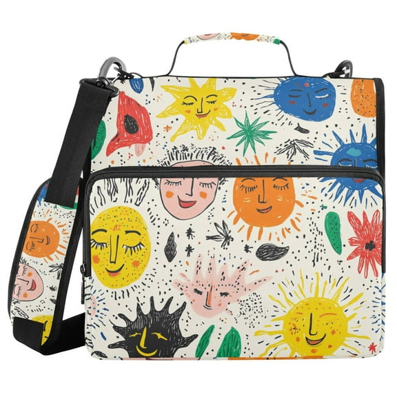 3 Ring Zipper Binder with Shoulder Strap Waterproof Trapper Keeper 1.5 Inch D-Ring 500 Sheets Capacity Hand Drawn Sun