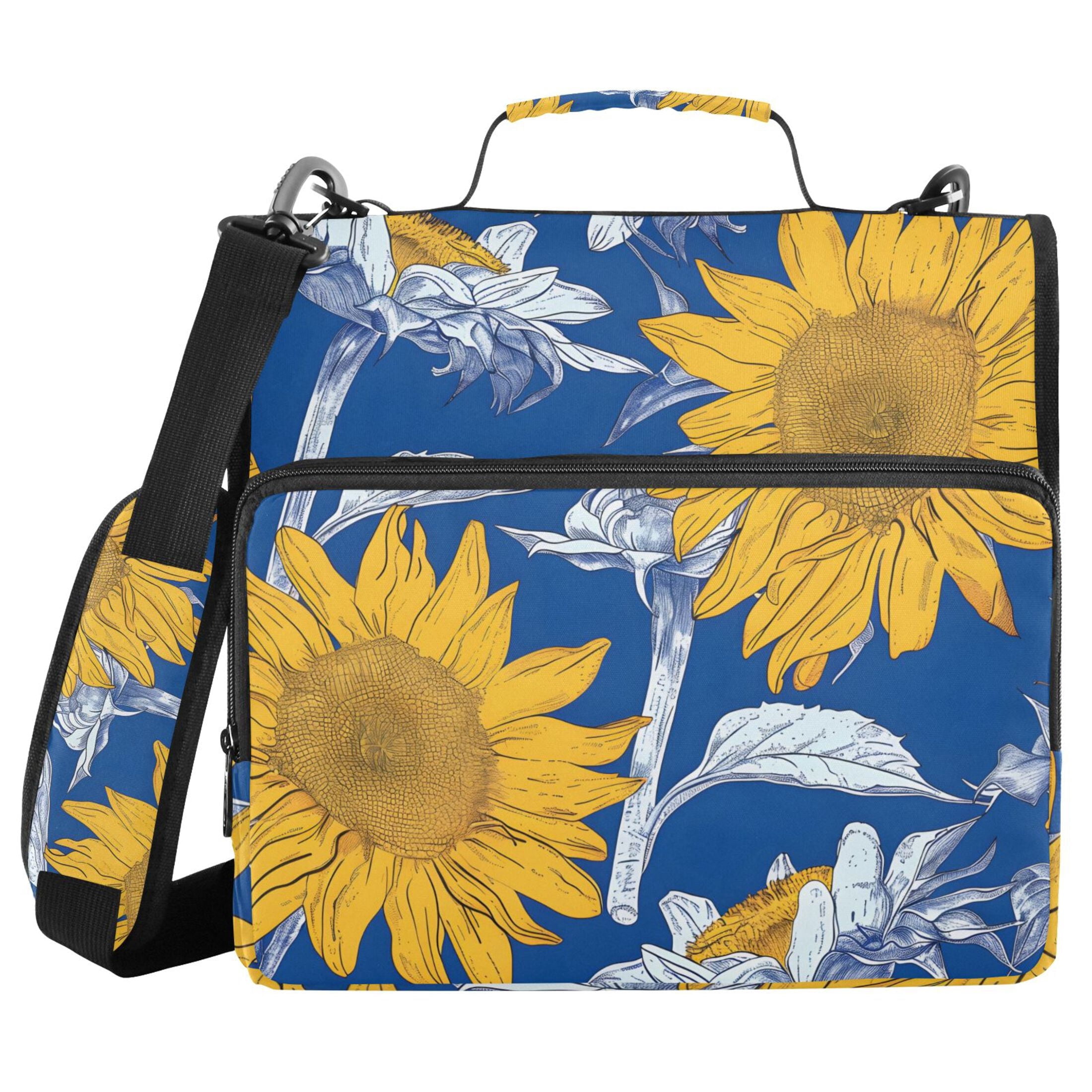 3 Ring Zipper Binder with Shoulder Strap Waterproof Trapper Keeper 2 Inch D-Ring 500 Sheets Capacity Hand Paint Sunflowers