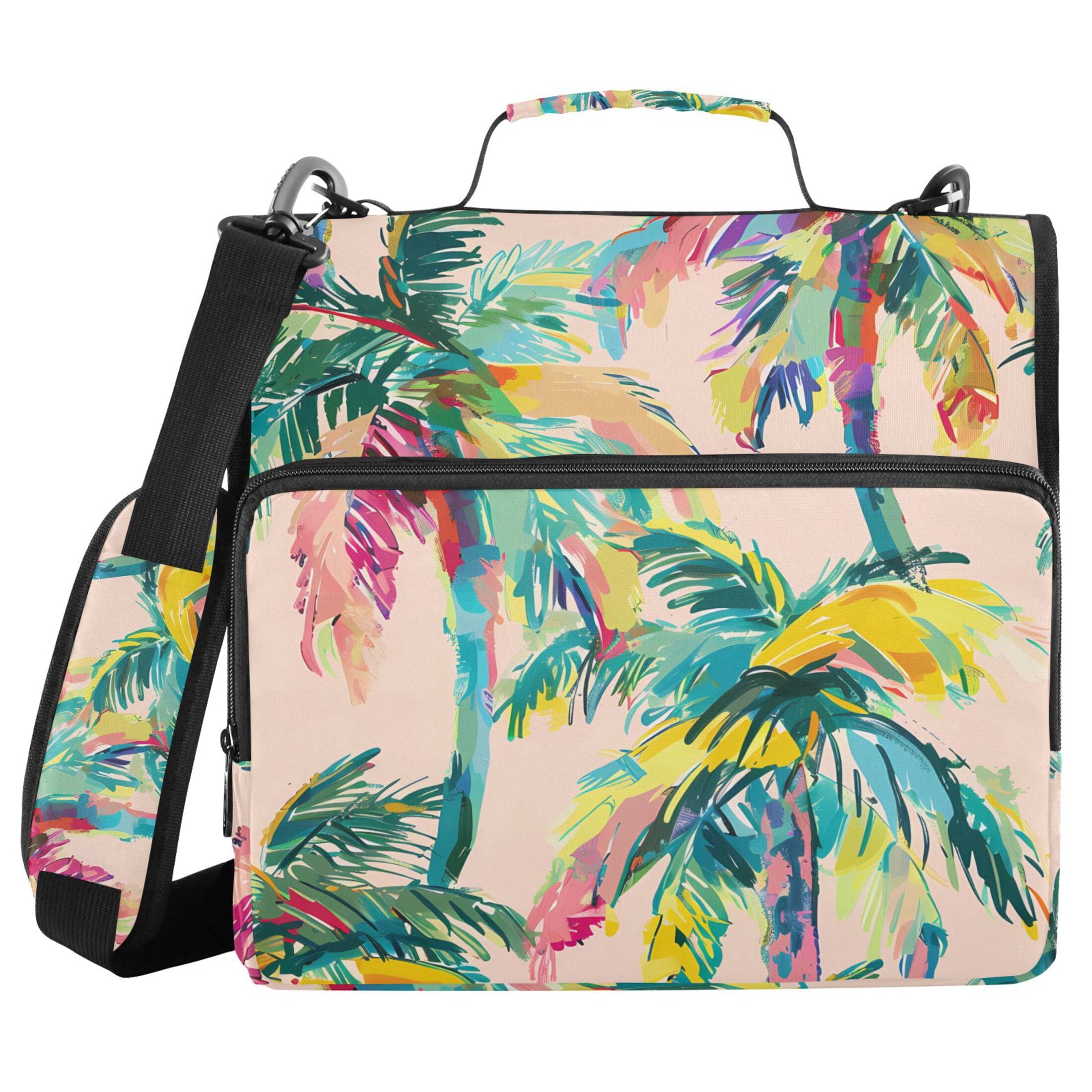 3 Ring Zipper Binder with Shoulder Strap Waterproof Trapper Keeper 2 Inch D-Ring 500 Sheets Capacity Hand Painted Palm Tree