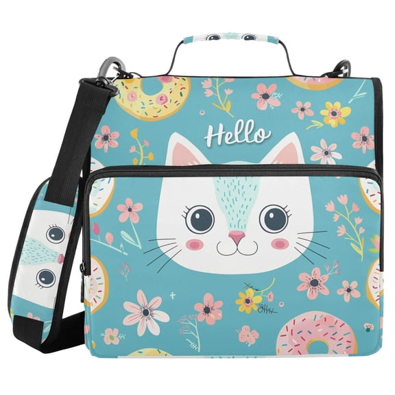 3 Ring Zipper Binder with Shoulder Strap Waterproof Trapper Keeper 2 Inch D-Ring 500 Sheets Capacity Hello Cat Face