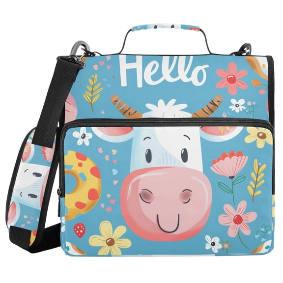 3 Ring Zipper Binder with Shoulder Strap Waterproof Trapper Keeper 2 Inch D-Ring 500 Sheets Capacity Hello Cow Face