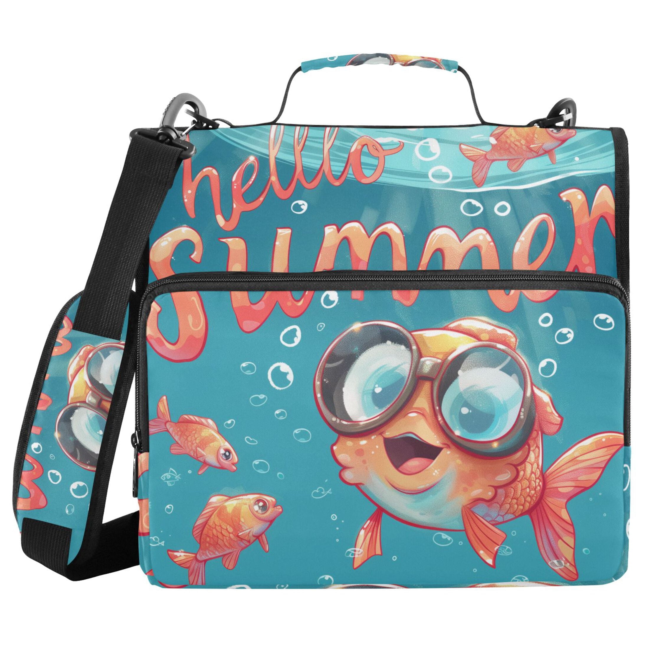 3 Ring Zipper Binder with Shoulder Strap Waterproof Trapper Keeper 2 Inch D-Ring 500 Sheets Capacity Hello Summer Fish