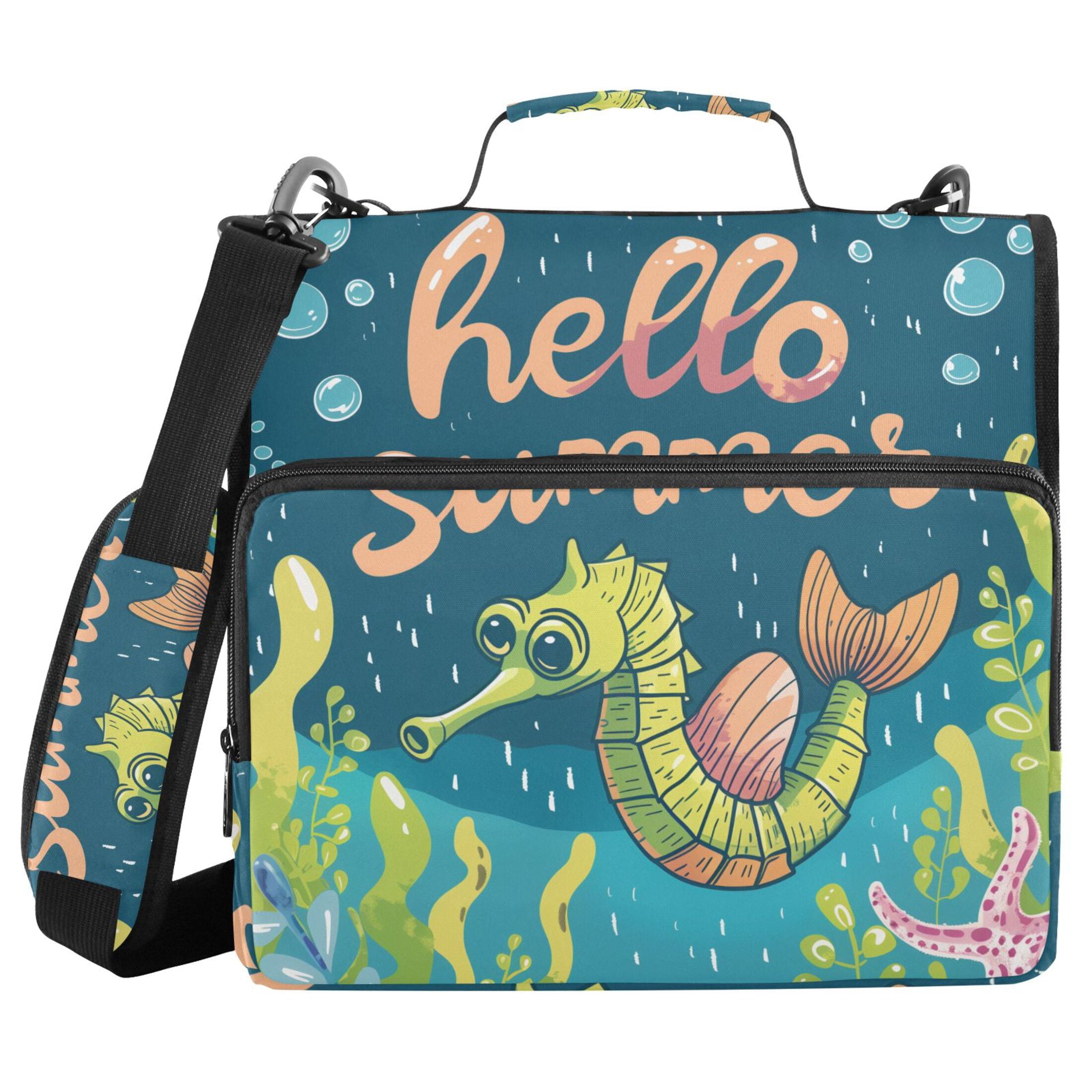 3 Ring Zipper Binder with Shoulder Strap Waterproof Trapper Keeper 2 Inch D-Ring 500 Sheets Capacity Hello Summer Seahorses
