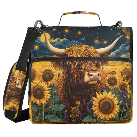 3 Ring Zipper Binder with Shoulder Strap Waterproof Trapper Keeper 2 Inch D-Ring 500 Sheets Capacity Highland Cow in Sunflowers Field