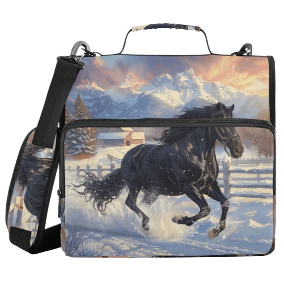 3 Ring Zipper Binder with Shoulder Strap Waterproof Trapper Keeper 2 Inch D-Ring 500 Sheets Capacity Horse Galloping in Snow