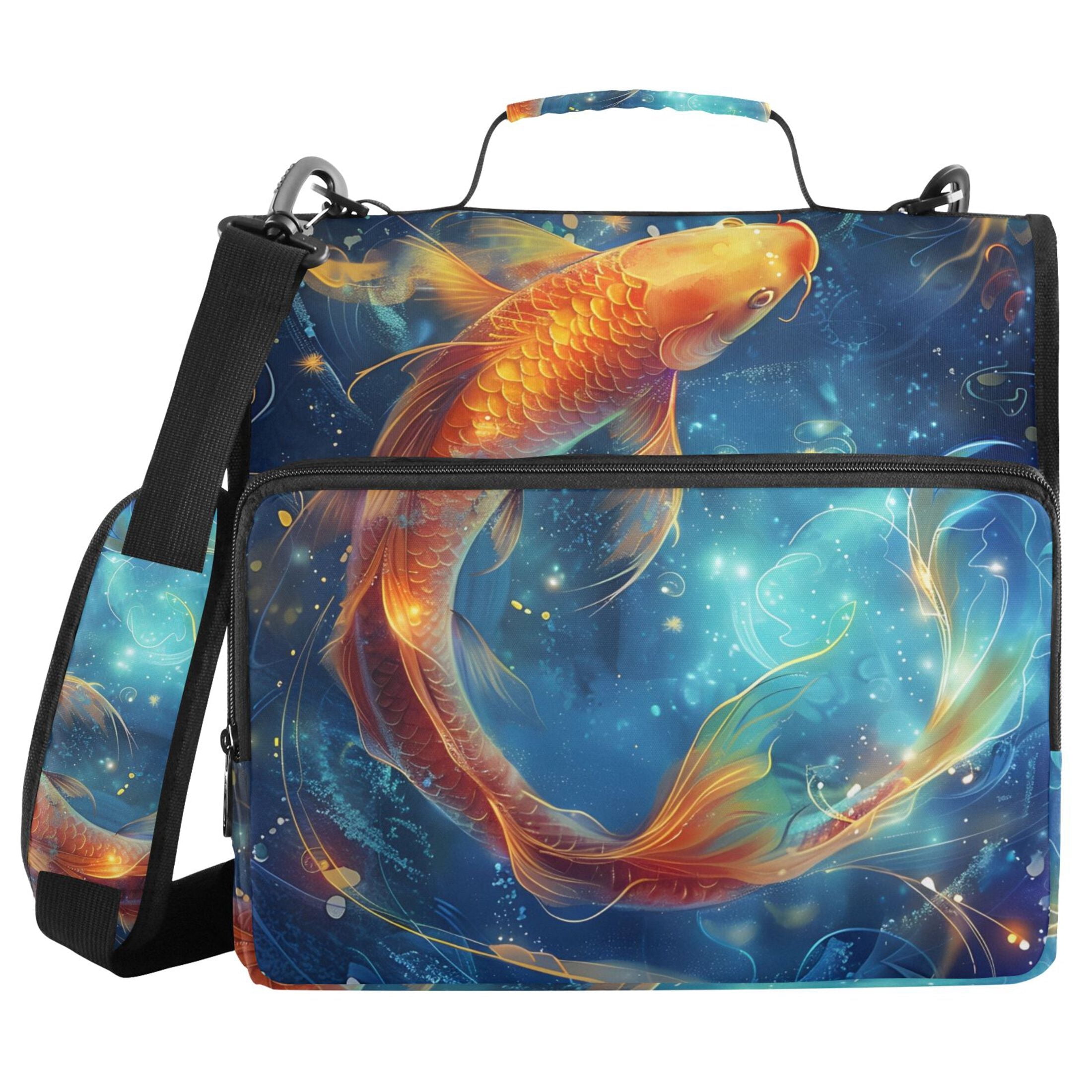 3 Ring Zipper Binder with Shoulder Strap Waterproof Trapper Keeper 2 Inch D-Ring 500 Sheets Capacity Koi Fish Swimming
