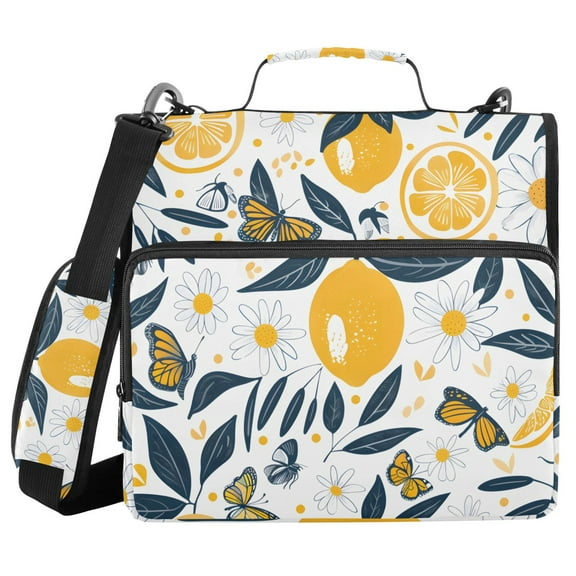 3 Ring Zipper Binder with Shoulder Strap Waterproof Trapper Keeper 1.5 Inch D-Ring 500 Sheets Capacity Lemons Flowers Butterflies