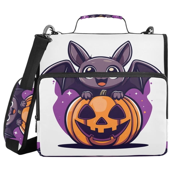 3 Ring Zipper Binder with Shoulder Strap Waterproof Trapper Keeper 2 Inch D-Ring 500 Sheets Capacity Lovely Bat on Pumpkin
