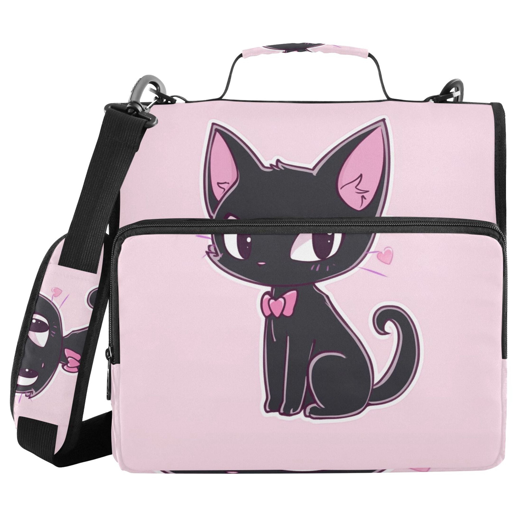 3 Ring Zipper Binder with Shoulder Strap Waterproof Trapper Keeper 2 Inch D-Ring 500 Sheets Capacity Lovely Cat Wear Bow Tie