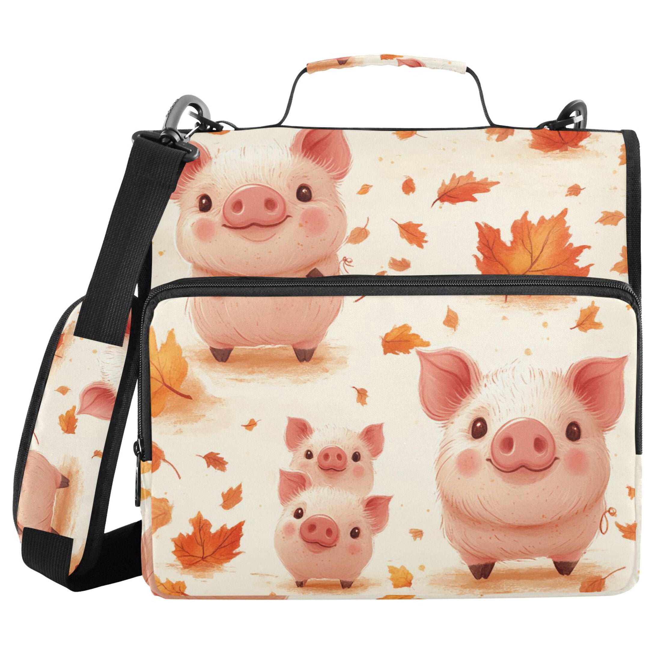 3 Ring Zipper Binder with Shoulder Strap Waterproof Trapper Keeper 2 Inch D-Ring 500 Sheets Capacity Lovely Pig and Leaf