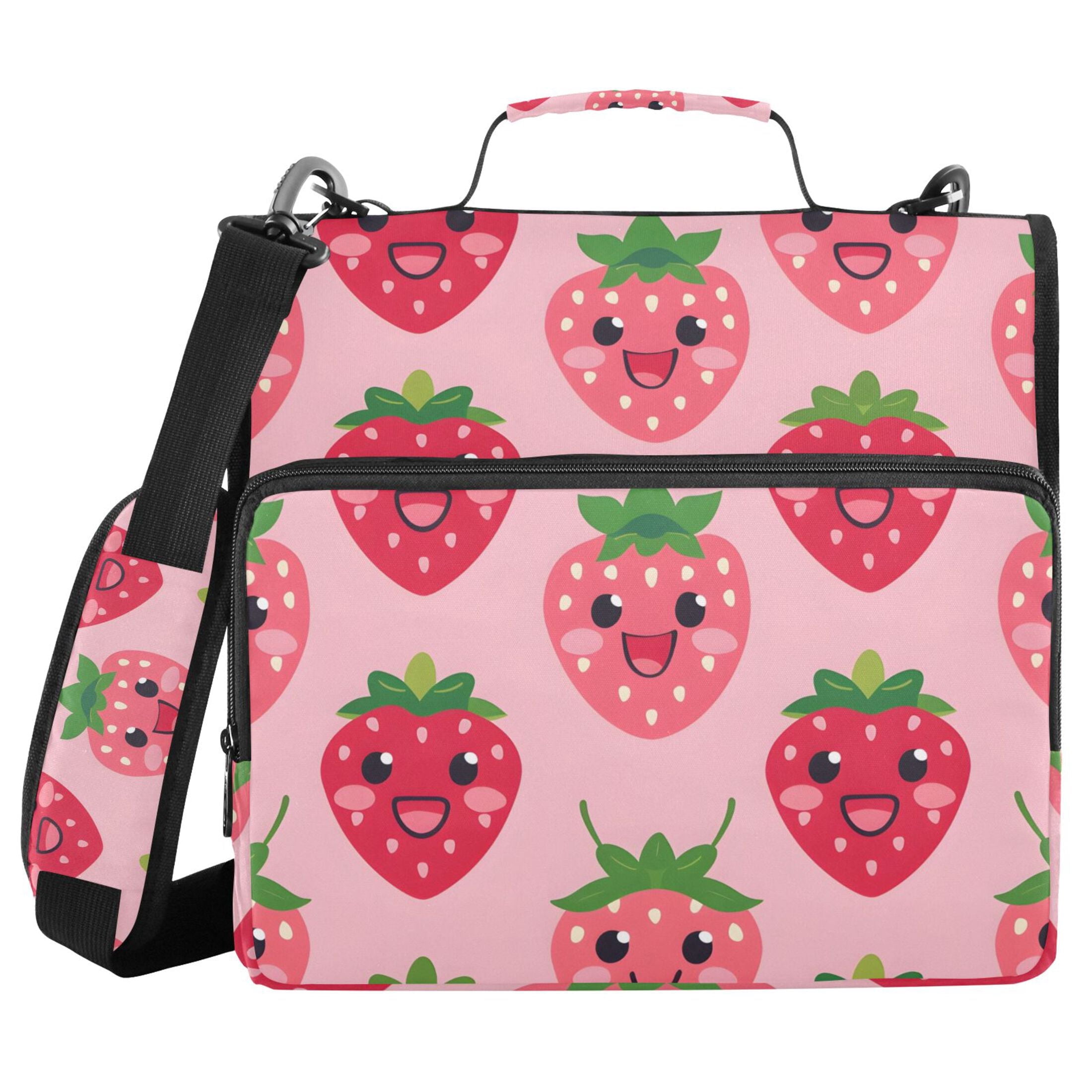 3 Ring Zipper Binder with Shoulder Strap Waterproof Trapper Keeper 2 Inch D-Ring 500 Sheets Capacity Lovely Strawberry
