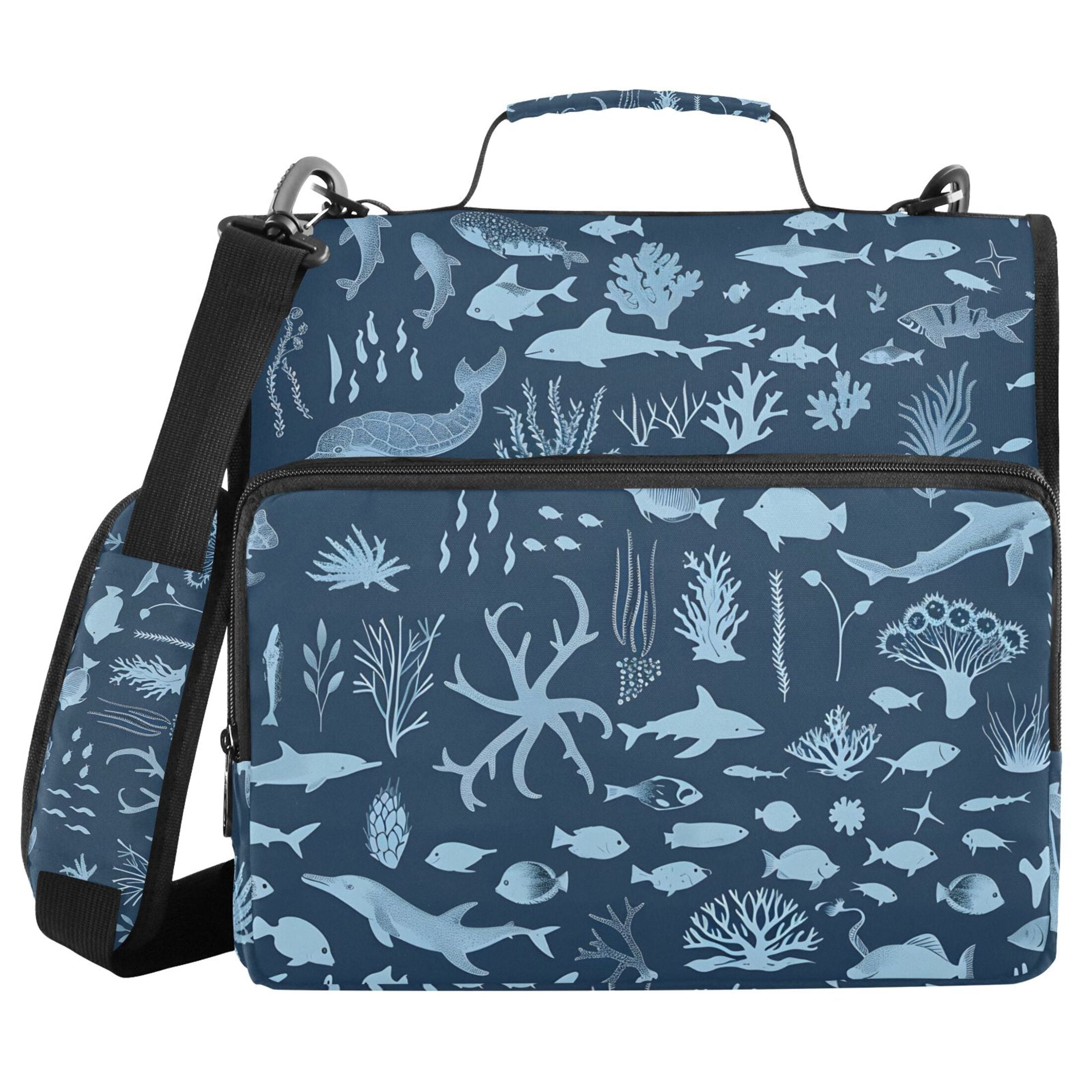 3 Ring Zipper Binder with Shoulder Strap Waterproof Trapper Keeper 2 Inch D-Ring 500 Sheets Capacity Marine Life Silhouettes