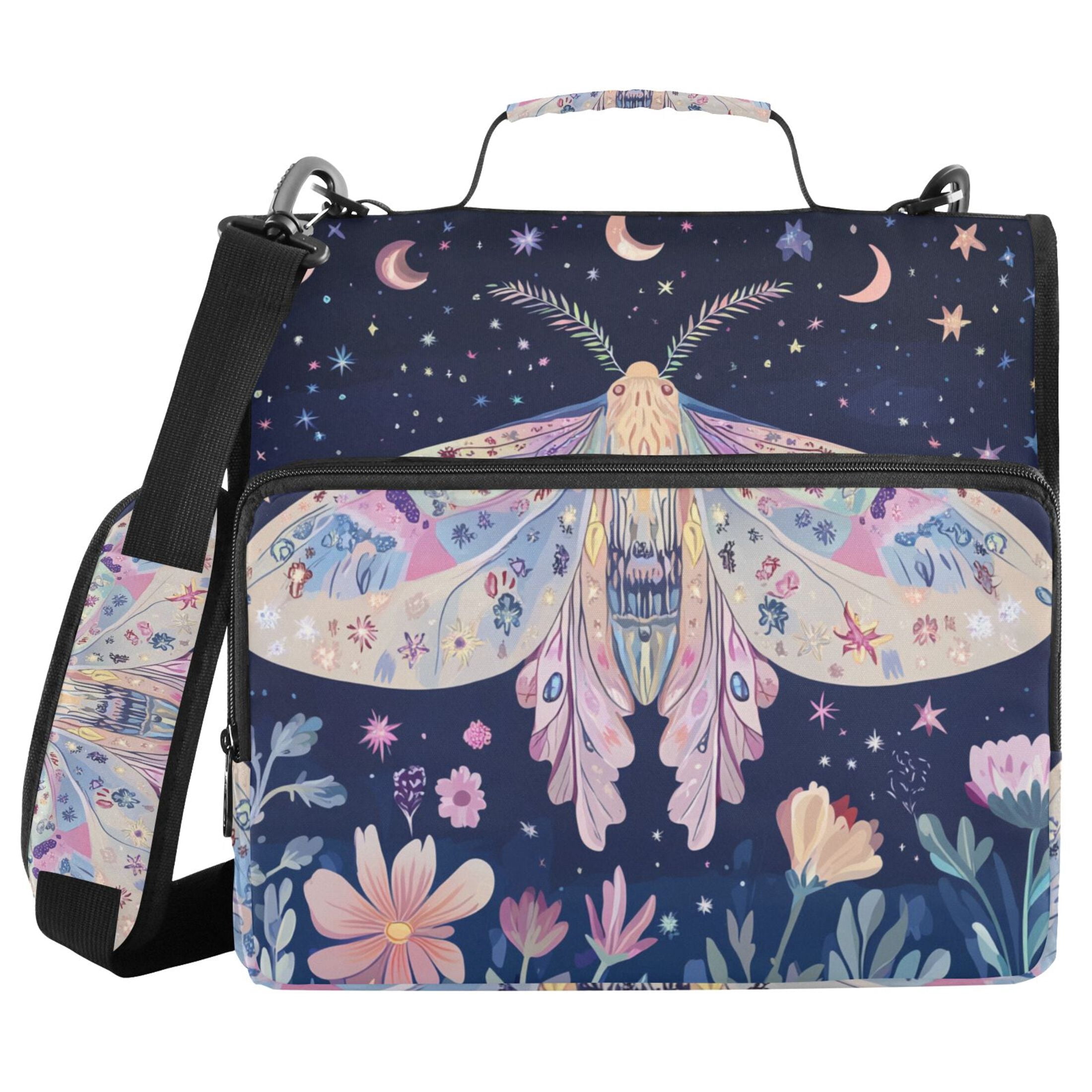 3 Ring Zipper Binder with Shoulder Strap Waterproof Trapper Keeper 2 Inch D-Ring 500 Sheets Capacity Moth Moon Flower