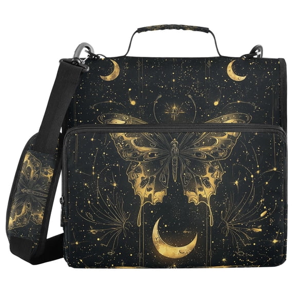 3 Ring Zipper Binder with Shoulder Strap Waterproof Trapper Keeper 2 Inch D-Ring 500 Sheets Capacity Mysterious Butterflies and Moon