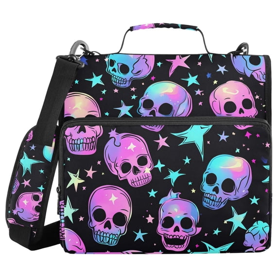 3 Ring Zipper Binder with Shoulder Strap Waterproof Trapper Keeper 2 Inch D-Ring 500 Sheets Capacity Neon Skulls and Stars
