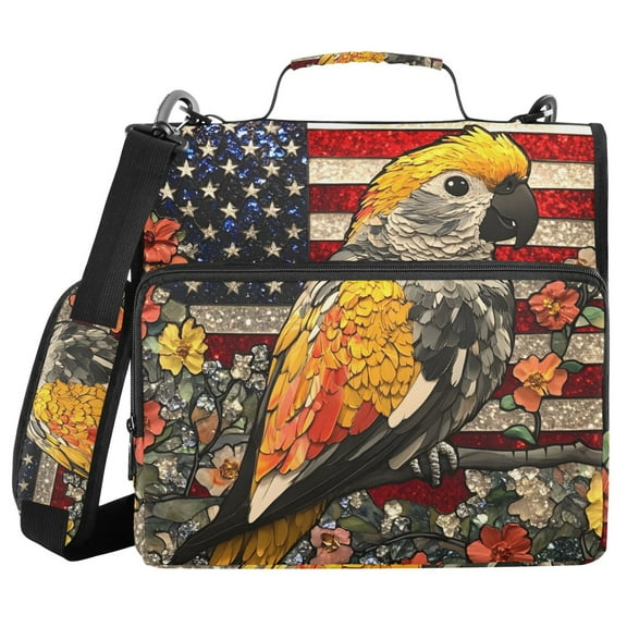 3 Ring Zipper Binder with Shoulder Strap Waterproof Trapper Keeper 1.5 Inch D-Ring 500 Sheets Capacity Parrot with American Flag