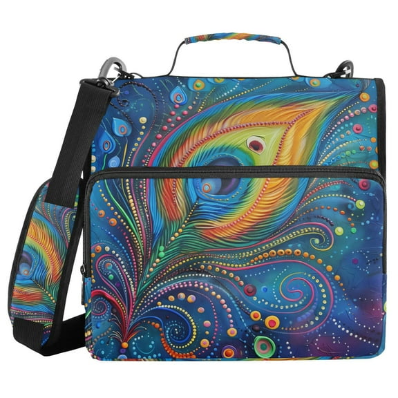 3 Ring Zipper Binder with Shoulder Strap Waterproof Trapper Keeper 1.5 Inch D-Ring 500 Sheets Capacity Peacock Feather