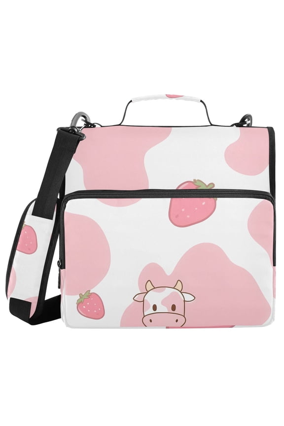 3 Ring Zipper Binder with Shoulder Strap Waterproof Trapper Keeper 2 Inch D-Ring 500 Sheets Capacity Pink Cow and Strawberry