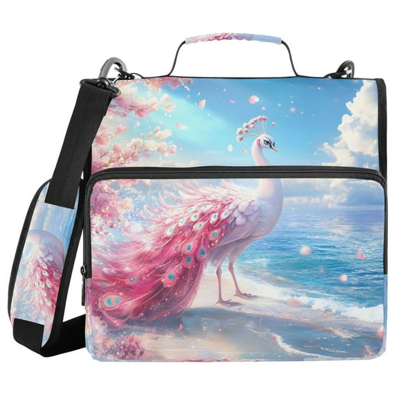 3 Ring Zipper Binder with Shoulder Strap Waterproof Trapper Keeper 1.5 Inch D-Ring 500 Sheets Capacity Pink Peacock Stands on Beach