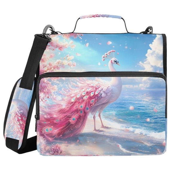 3 Ring Zipper Binder with Shoulder Strap Waterproof Trapper Keeper 2 Inch D-Ring 500 Sheets Capacity Pink Peacock Stands on Beach