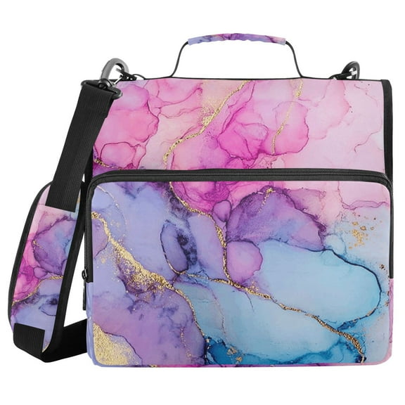 3 Ring Zipper Binder with Shoulder Strap Waterproof Trapper Keeper 1.5 Inch D-Ring 500 Sheets Capacity Pink Purple Blue Marble