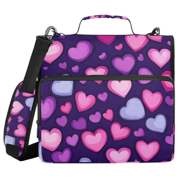 3 Ring Zipper Binder with Shoulder Strap Waterproof Trapper Keeper 1.5 Inch D-Ring 500 Sheets Capacity Pink and Purple Hearts