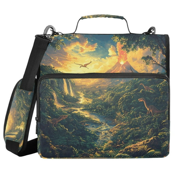 3 Ring Zipper Binder with Shoulder Strap Waterproof Trapper Keeper 1.5 Inch D-Ring 500 Sheets Capacity Prehistoric Jungle Dinosaurs Volcano