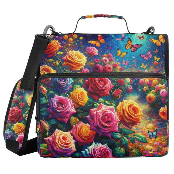 3 Ring Zipper Binder with Shoulder Strap Waterproof Trapper Keeper 1.5 Inch D-Ring 500 Sheets Capacity Rainbow Rose and Butterflies