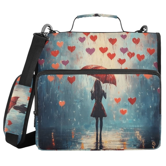 3 Ring Zipper Binder with Shoulder Strap Waterproof Trapper Keeper 2 Inch D-Ring 500 Sheets Capacity Raining Love Hearts
