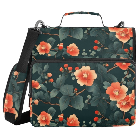 3 Ring Zipper Binder with Shoulder Strap Waterproof Trapper Keeper 2 Inch D-Ring 500 Sheets Capacity Red Flower and Green Leaf