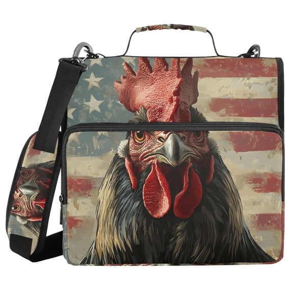 3 Ring Zipper Binder with Shoulder Strap Waterproof Trapper Keeper 2 Inch D-Ring 500 Sheets Capacity Retro Chicken with American Flag