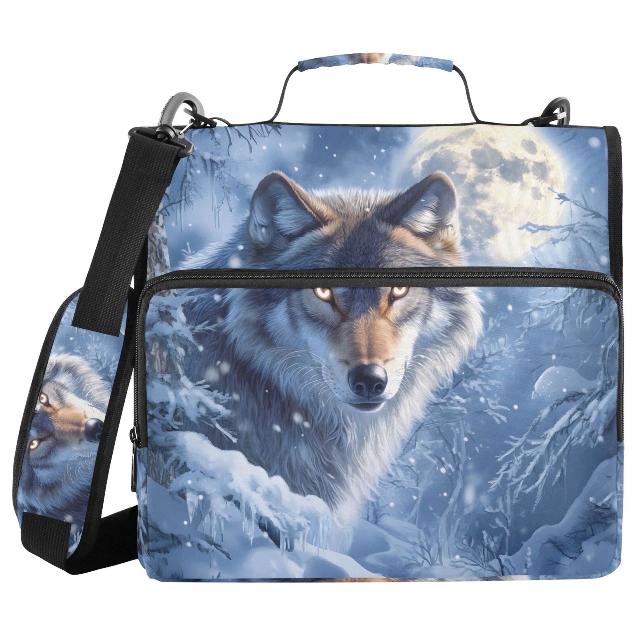 3 Ring Zipper Binder with Shoulder Strap Waterproof Trapper Keeper 2 Inch D-Ring 500 Sheets Capacity Snow Wolf under Moon
