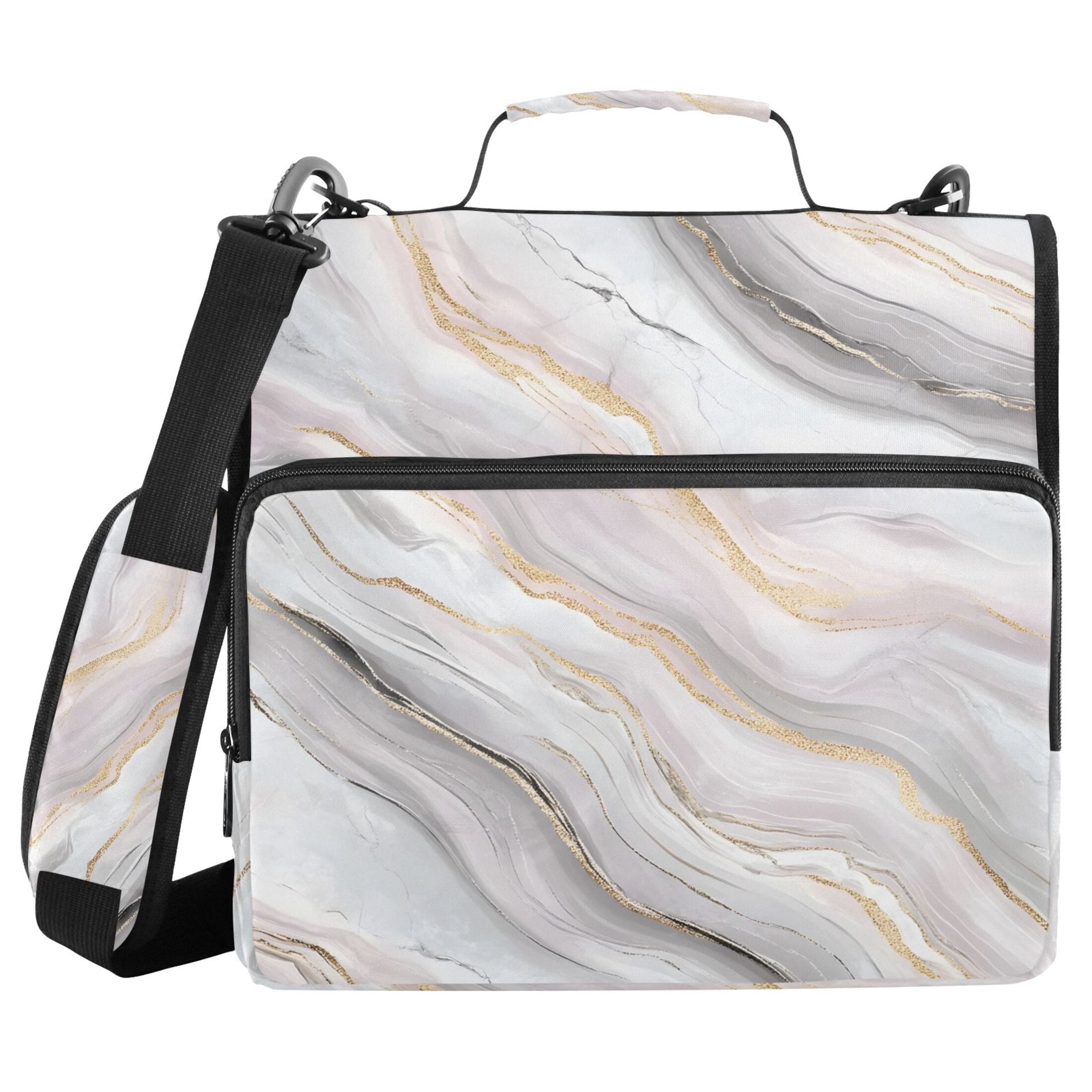 3 Ring Zipper Binder with Shoulder Strap Waterproof Trapper Keeper 2 Inch D-Ring 500 Sheets Capacity Soft Pink Gold White Marble