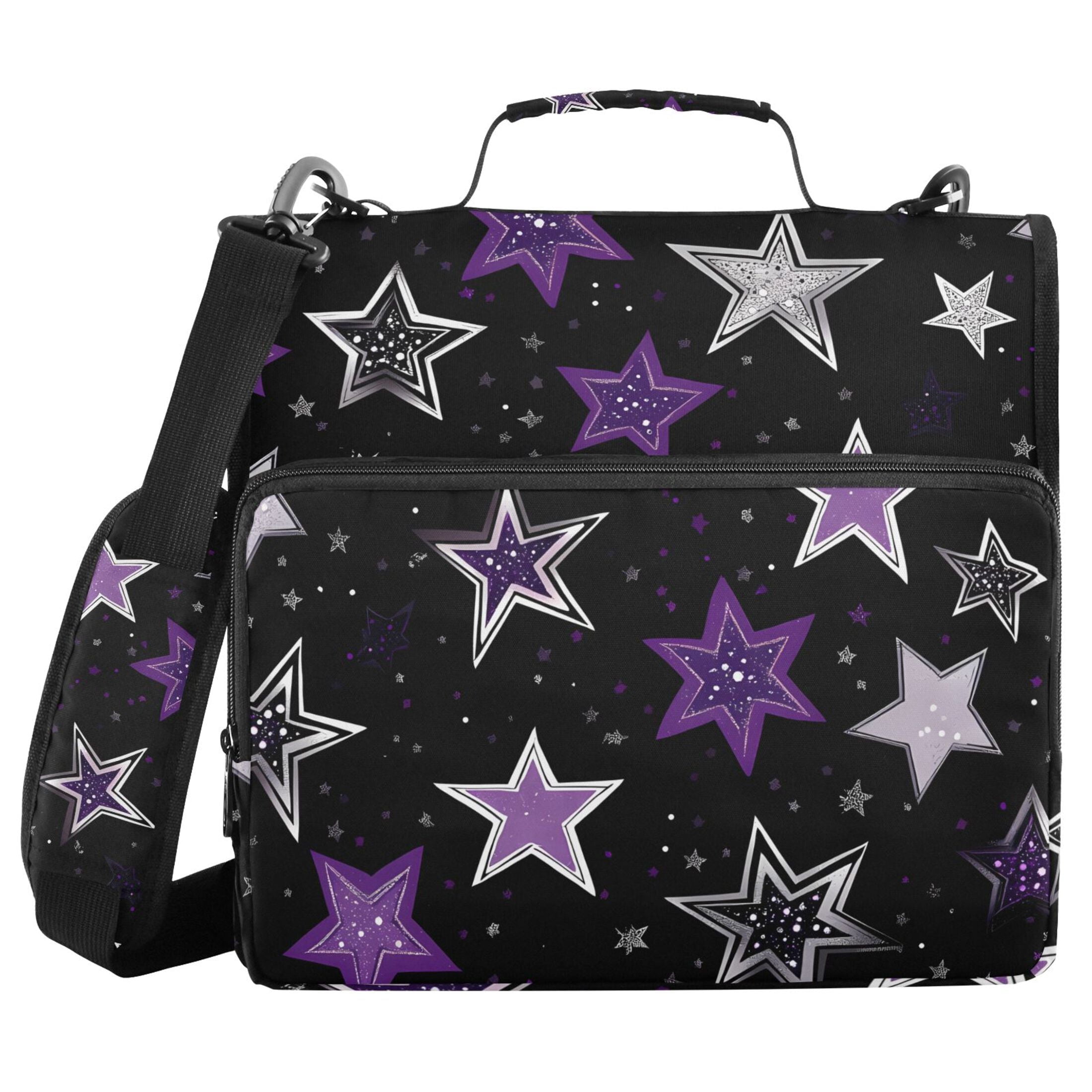 3 Ring Zipper Binder with Shoulder Strap Waterproof Trapper Keeper 1.5 Inch D-Ring 500 Sheets Capacity Stars with Silver and Purple