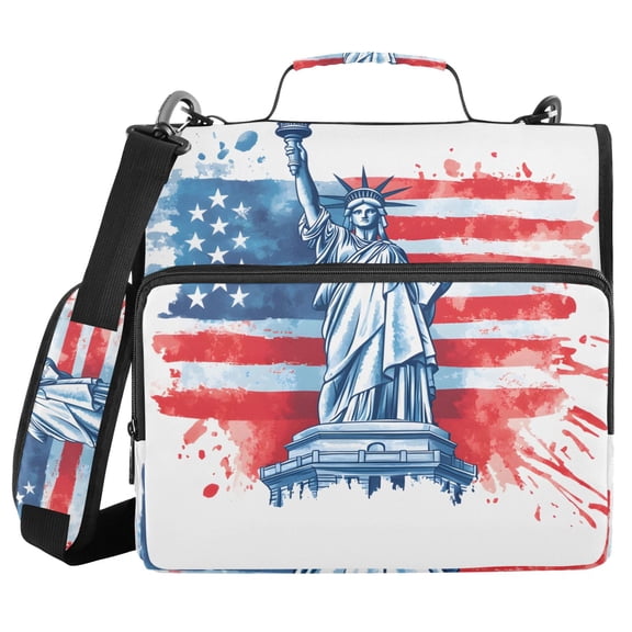 3 Ring Zipper Binder with Shoulder Strap Waterproof Trapper Keeper 2 Inch D-Ring 500 Sheets Capacity Statue Of Liberty with Flag