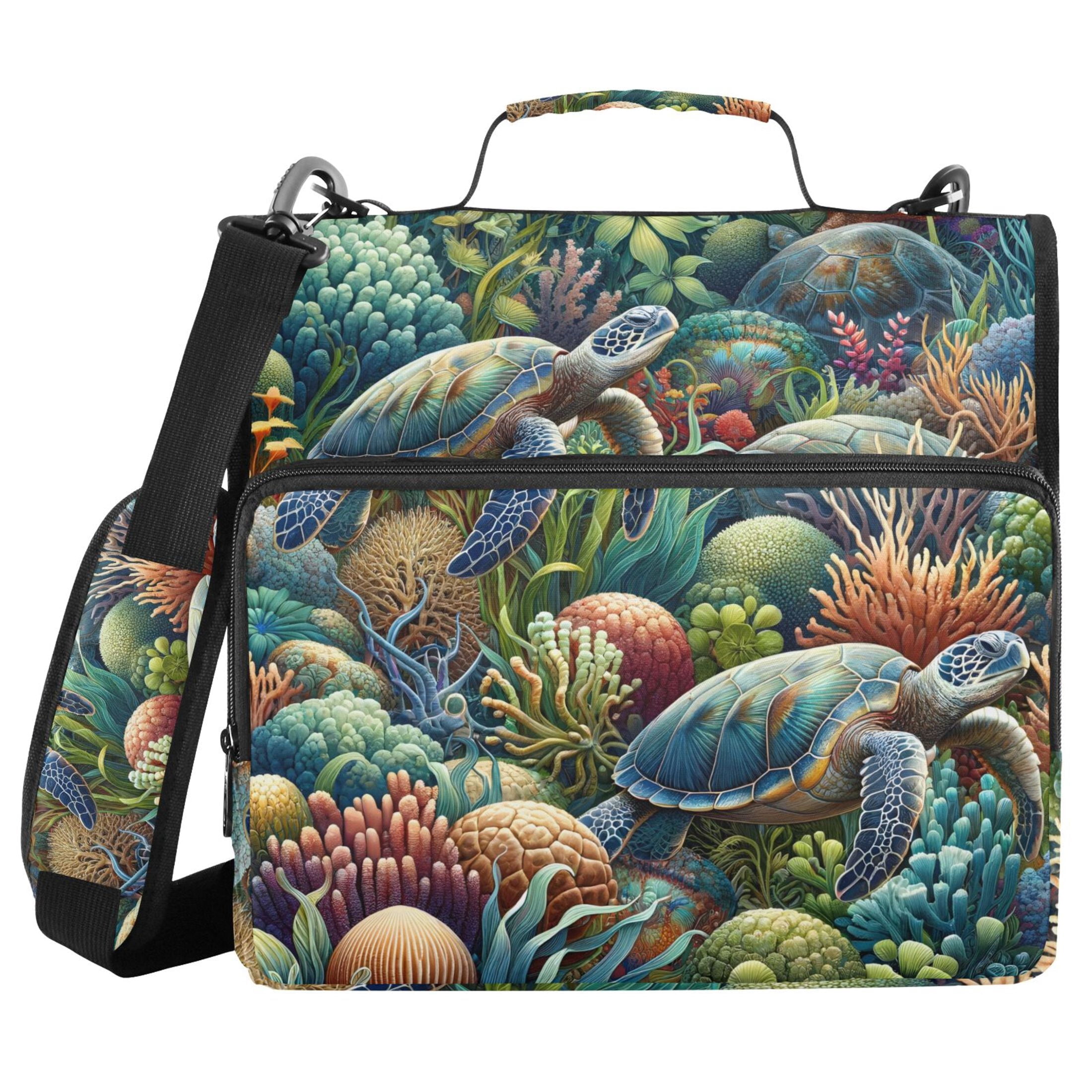 3 Ring Zipper Binder with Shoulder Strap Waterproof Trapper Keeper 2 Inch D-Ring 500 Sheets Capacity Turtle Plants Coral
